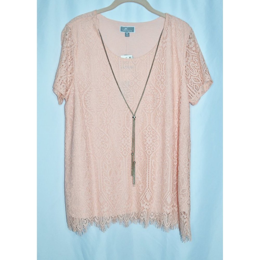 JM Collection Lace Petite Casabella  Blouse With Tassel Necklace Peachy Pink PXL